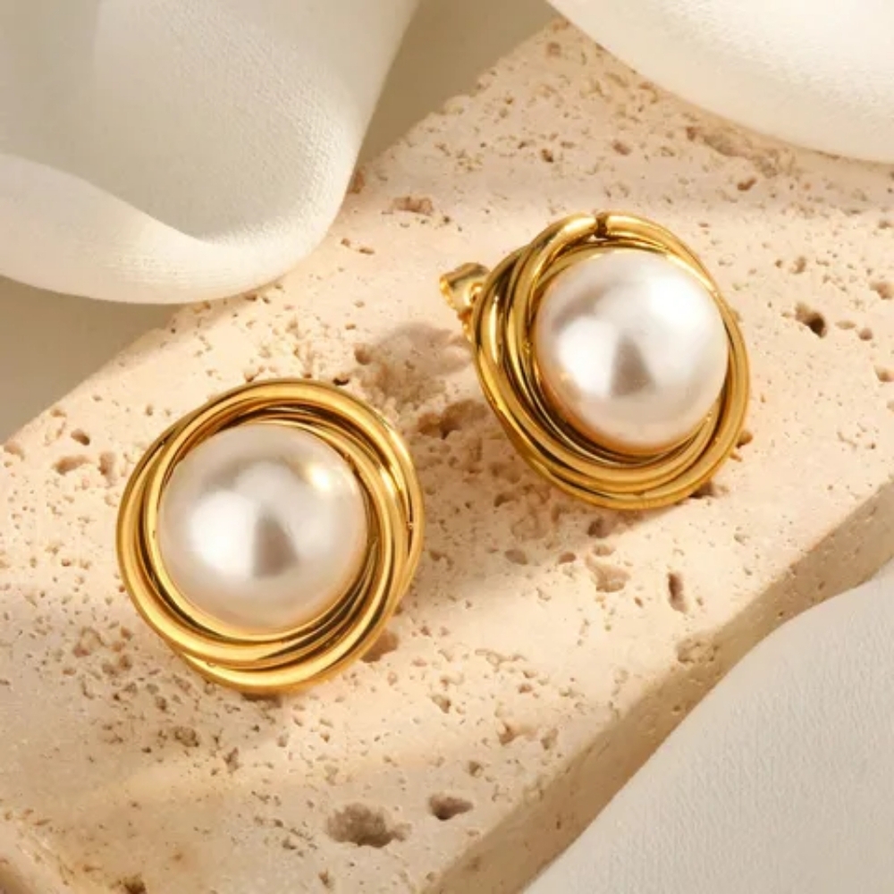 Nest earrings with artificial pearl, stainless steel, contemporary design. - Picture 2 of 6